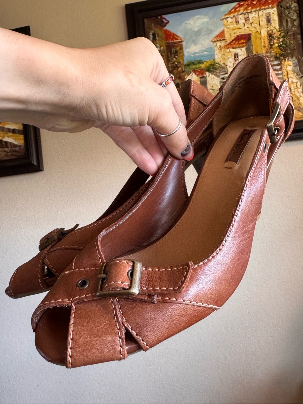 Vintage Leather Brown Buckle Kitten Heels Thom McAn 7.5
